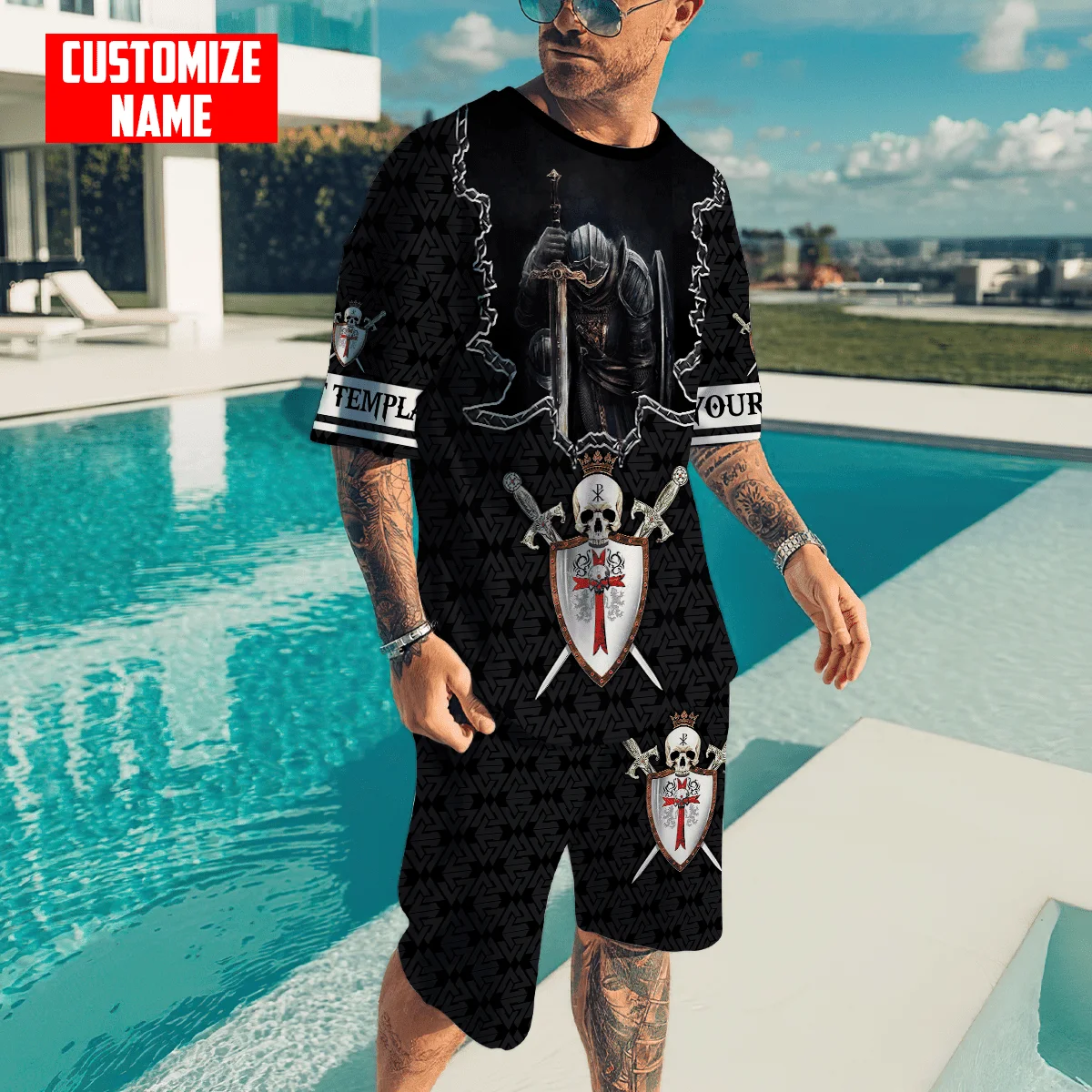 Caballero Templario guerrero León nombre personalizado 3D impreso conjunto de camiseta y pantalones cortos para hombre Combo Unisex estilo de verano camiseta Casual TZD01 - imagen 3