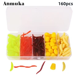 Anmuka 160 Uds juego de señuelos para perca, gusano de pan, lombriz de tierra, núcleo de maíz, gusano rojo, señuelo artificial, señuelo suave y cabeza de plantilla de señuelo realista h