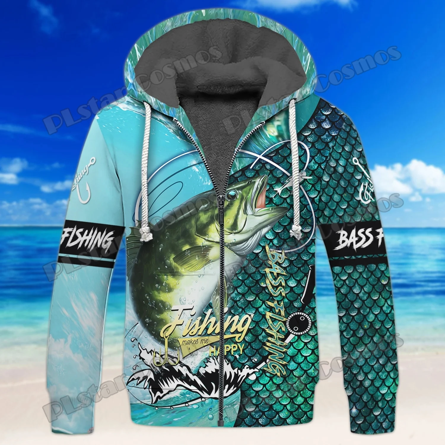 JH14-Sudadera con capucha y cremallera para hombre, chaqueta con estampado 3D de perca amarilla, forro polar, informal, gruesa y cálida, de invierno - imagen 3