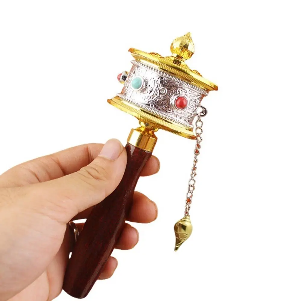 Rueda de oración de giro colorida, mango de madera, aleación de Metal, manivela manual, rueda de oración tallada, artesanía exquisita de cristal - imagen 5