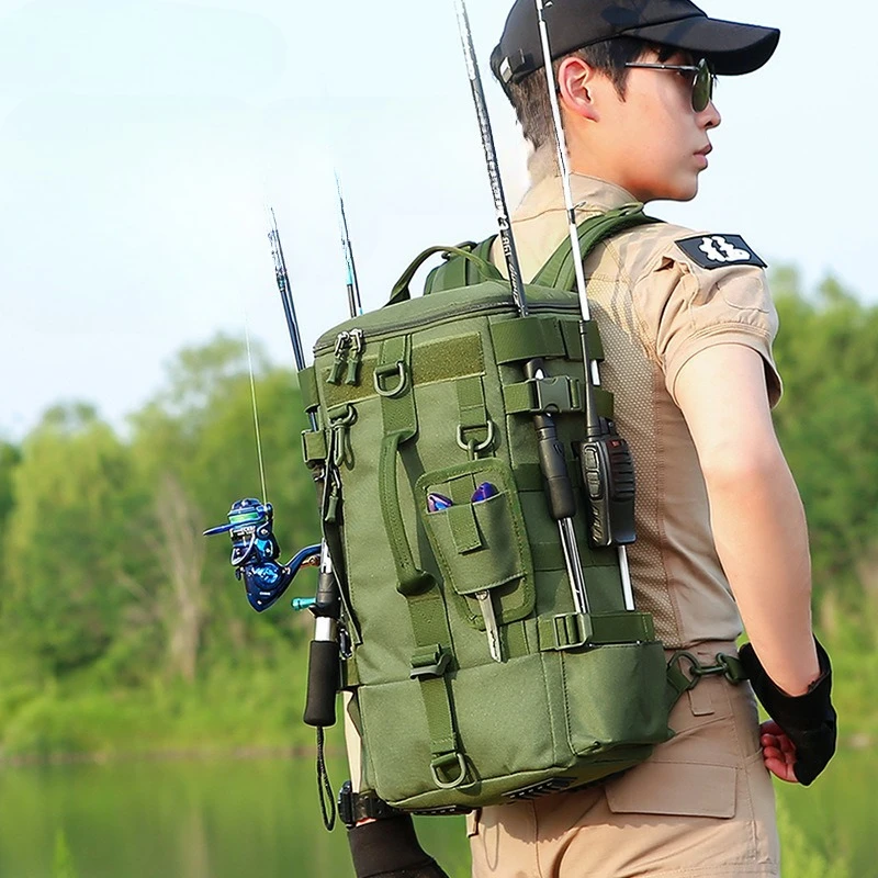 Mochila de pesca táctica, bolsa de aparejos con soportes para caña, almacenamiento de equipo de pescado, Molle, Camping, senderismo, bolsa multifuncional al aire libre - imagen 2