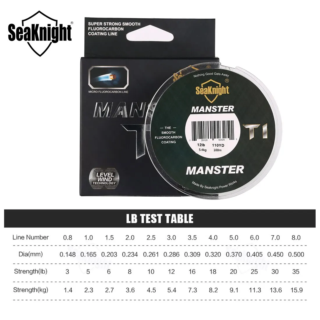 Línea de pesca de nailon con revestimiento de fluorocarbono T1, marca SeaKnight, monofilamento de hundimiento líder de 100M, línea de pesca de carpa suave de 8-20LB - imagen 2