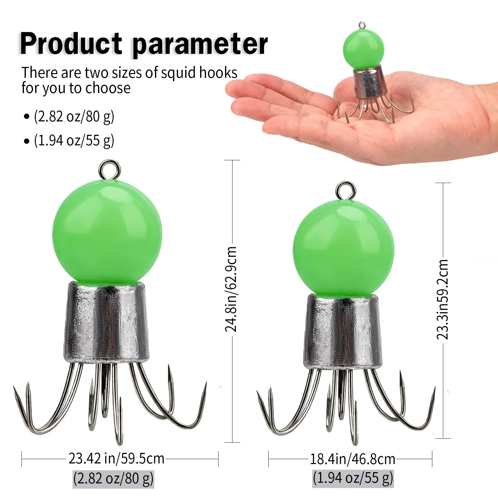 Anzuelos de calamar luminosos que brillan en la oscuridad, anzuelos de calamar y pulpo, señuelos de paraguas de simulación, gancho para pesca, 2 uds., 55g - imagen 2