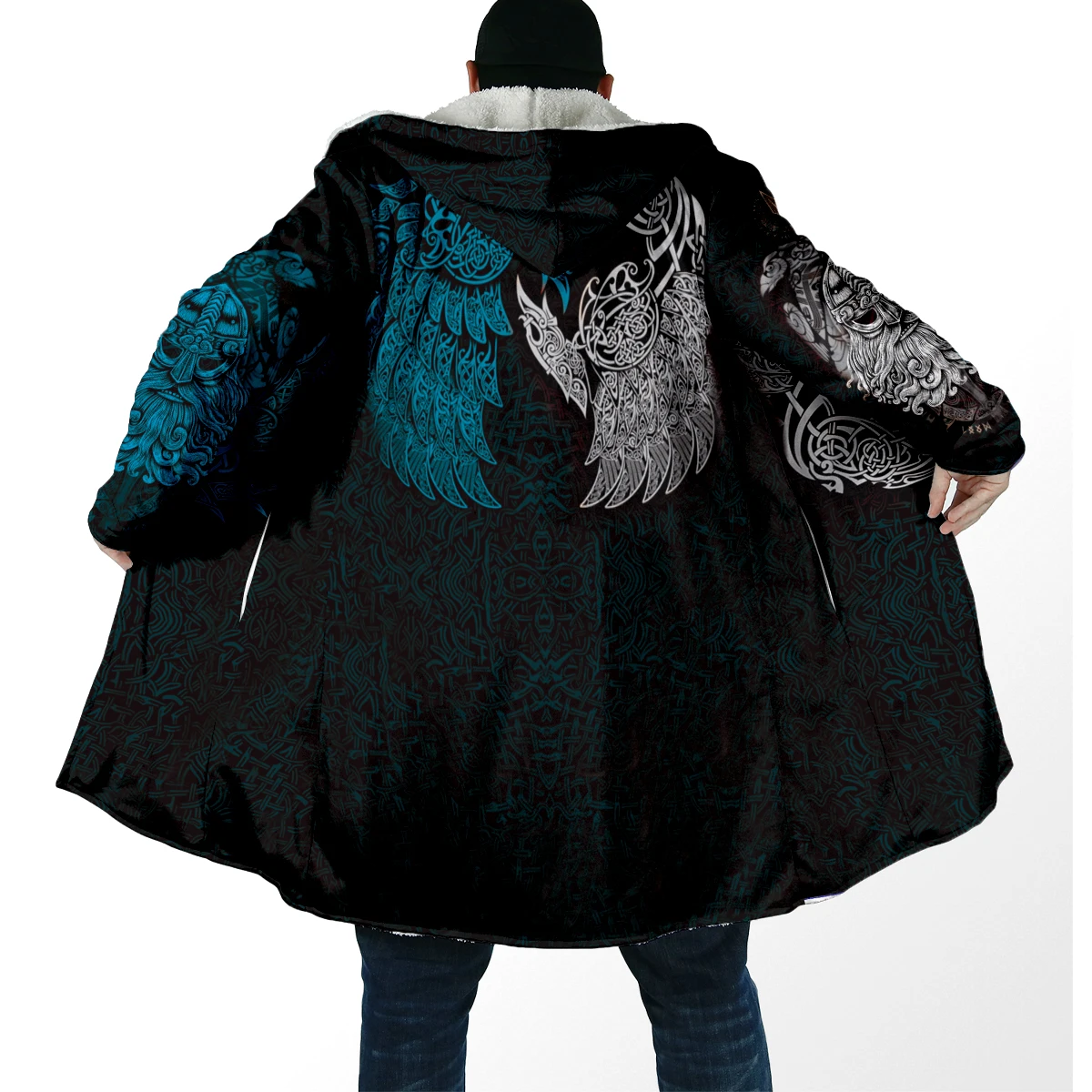 Capa de invierno a la moda para hombre, tatuaje de dragón, Vegvisir Rune, estampado 3D, capa gruesa de lana con capucha, capa cálida informal Unisex DP88 - imagen 3
