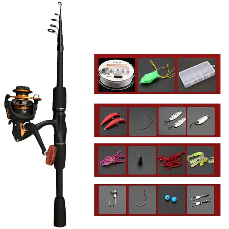 Caña de pescar telescópica de fibra de carbono, juego de carretes giratorios y Baitcasting, Kit de viaje - imagen 2