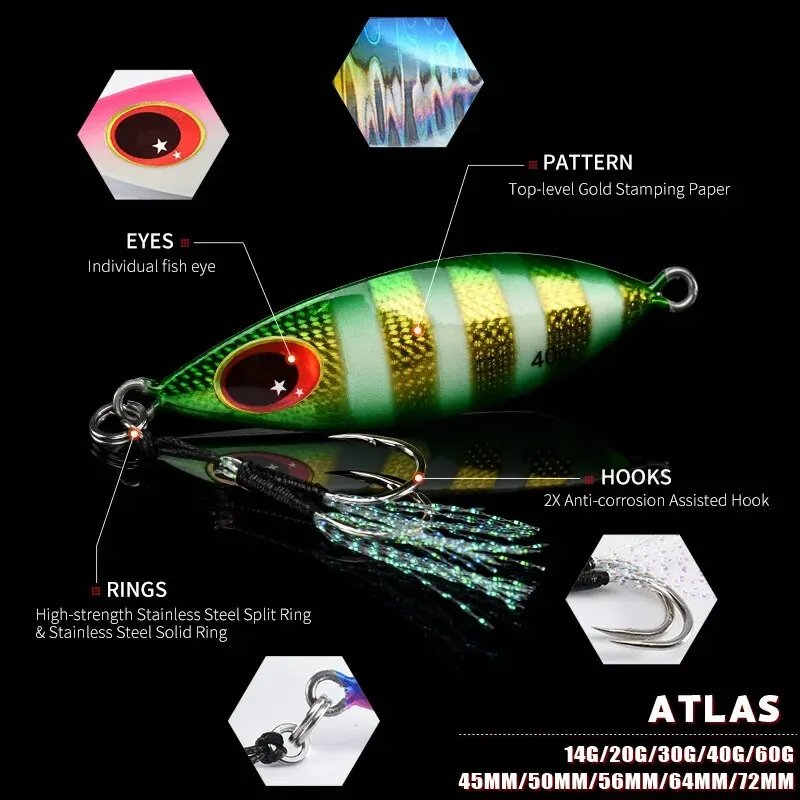 ALLBLUE ATLAS-señuelo tipo cuchara de Metal, 20G, 30G, 40G, 60G, cebo Artificial, Jigging lento, aparejos de pesca de lubina súper duros - imagen 3