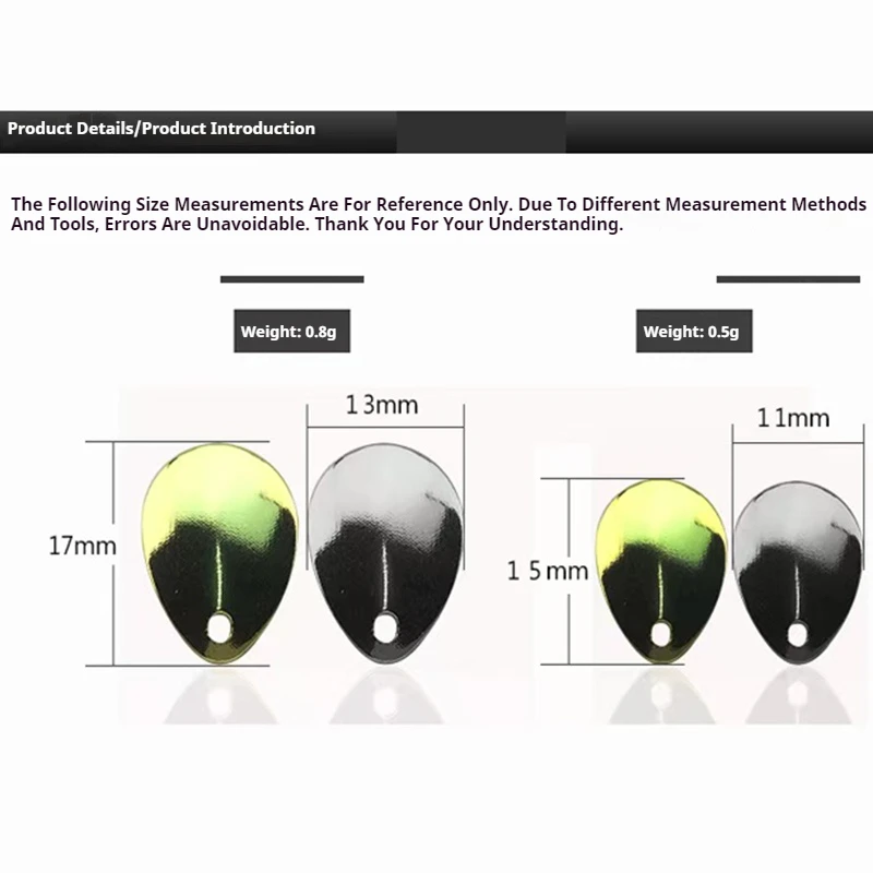 20 piezas Mini señuelos tipo cuchara de pesca 0,5g 0,8g hoja de Metal fina dorada y plateada para trucha señuelo ultraligero 11-17mm cebo de alta reflexión - imagen 2