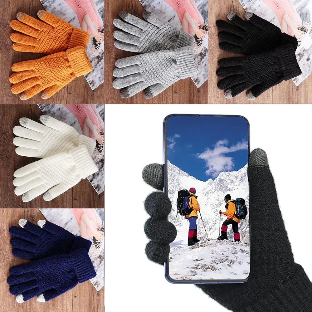 Guantes de lana de punto para mujer, manoplas gruesas de dedo completo, pantalla táctil, moda de invierno
