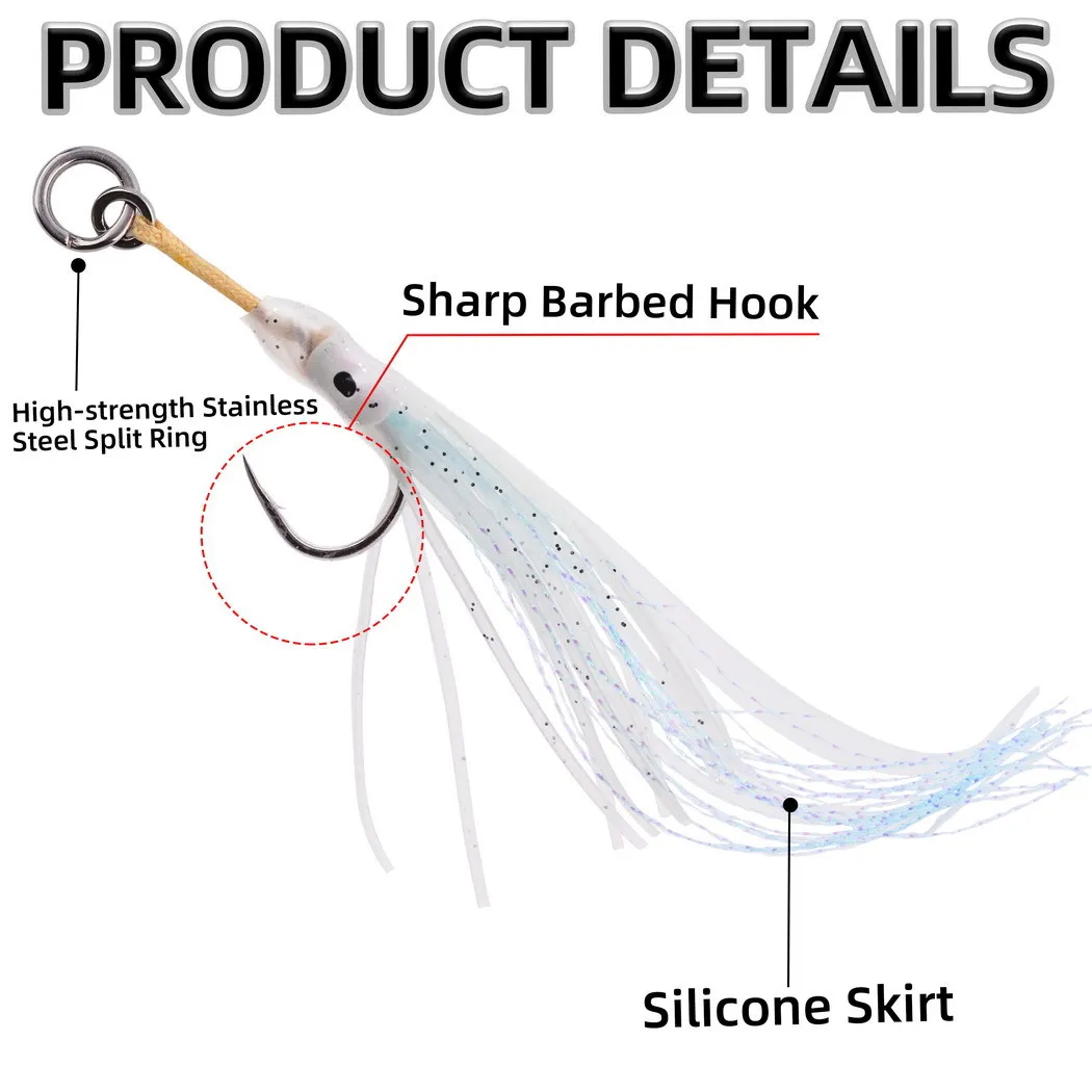 10 unids/lote anzuelo de asistencia 2/0 3/0 5/0 falda de goma brillante anzuelo de calamar anzuelos de señuelo de pesca de Kevlar anzuelos de plantilla de agua salada - imagen 3