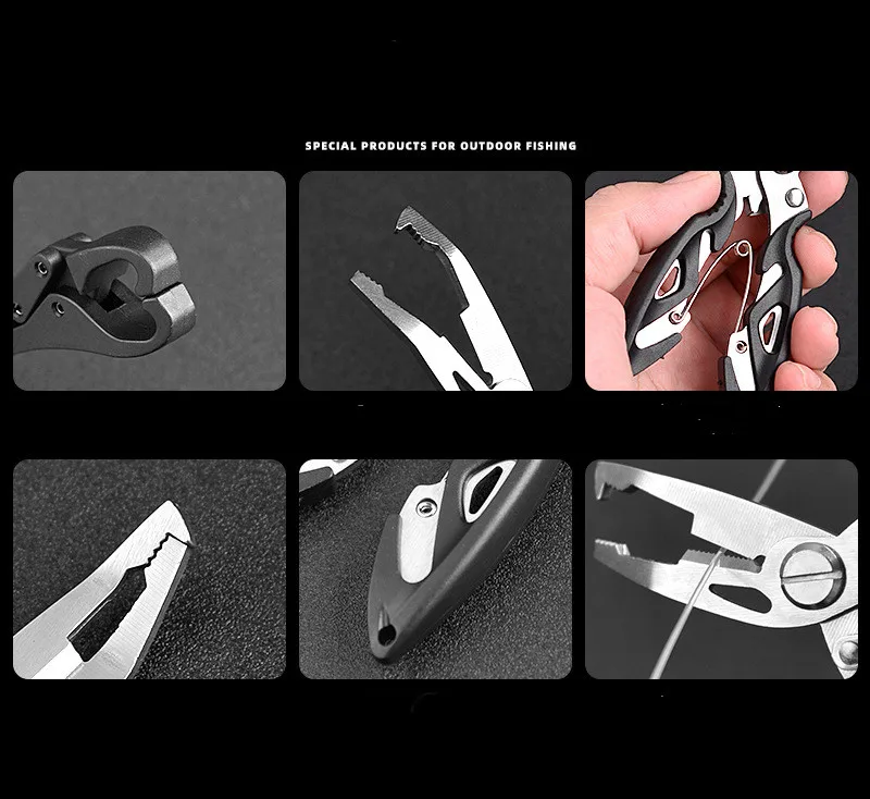 Una imagen en blanco y negro de un par de alicates con un señuelo de pesca adjunto