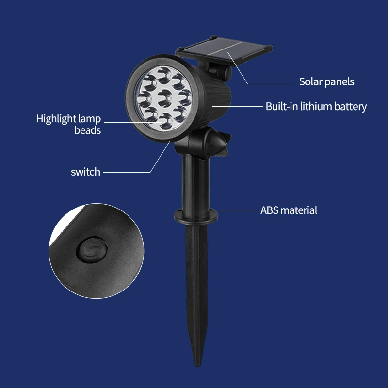 Lámpara alimentada por energía Solar de 1/2 piezas, 9LED, foco Solar ajustable en el suelo, IP65, impermeable, luz de pared para paisaje, iluminación exterior - imagen 5