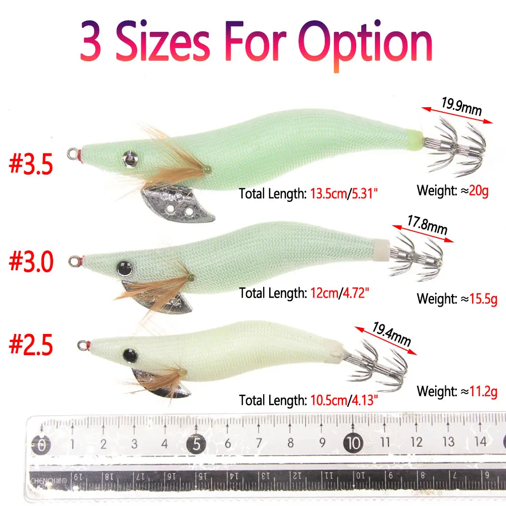 Bimoo 1~2 piezas Tamaño 2.5 # 3.0 # 3,5 plantillas de calamar luminosas, camarones de madera con brillo blanco y anzuelos de calamar y pulpo, señuelo de pesca de sepia - imagen 3