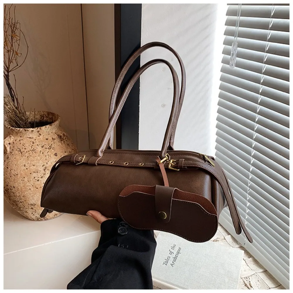 Bolso Retro de cuero PU para axila, Color sólido, gran capacidad, bolso de mano para mujer, hebilla de cinturón, bolso Boston de invierno - imagen 5