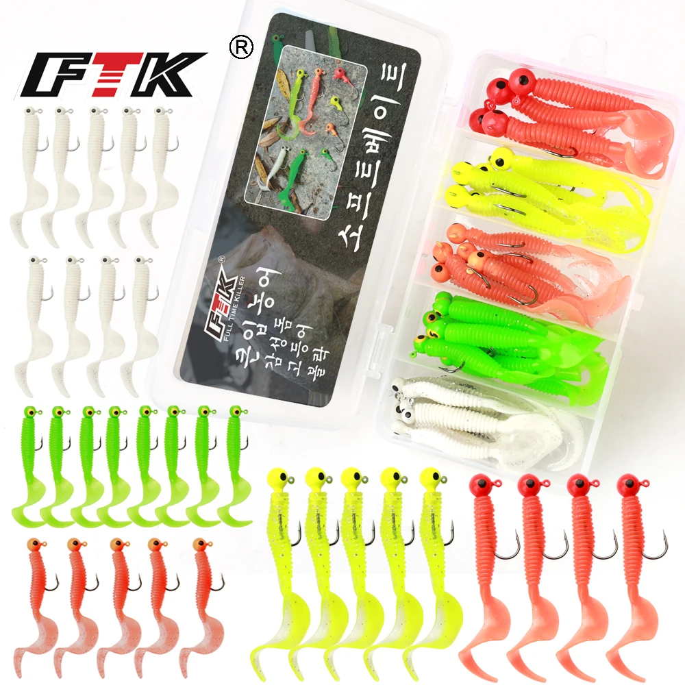 FTK 31 unids/set señuelo de pesca suave anzuelo con cabeza larva gusano cebos de silicona para peces cebo para camarones Swimbait Artificial aparejos de pesca de mar - imagen 2