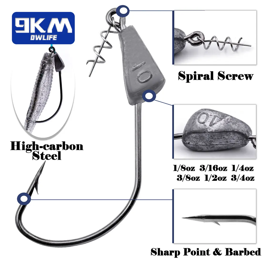 Anzuelos de pesca ponderados de 9KM, cabeza de anzuelo de 5 ~ 15 Uds., anzuelo sin malezas, anzuelos de señuelo suave para pesca de lubina con aparejos de bloqueo giratorio de resorte - imagen 3