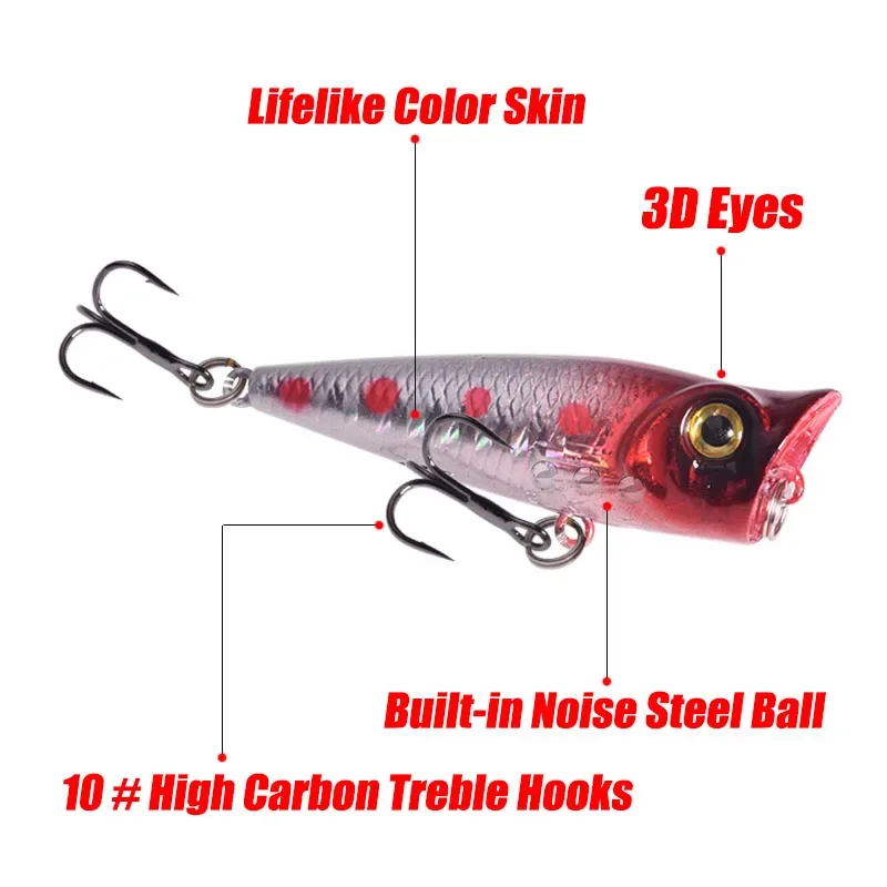 5 uds Top Water Mini Popper juego de Señuelos de Pesca de colores mezclados 5cm 4,8g Minnow Wobblers cebo de plástico Artificial con anzuelos triples - imagen 5
