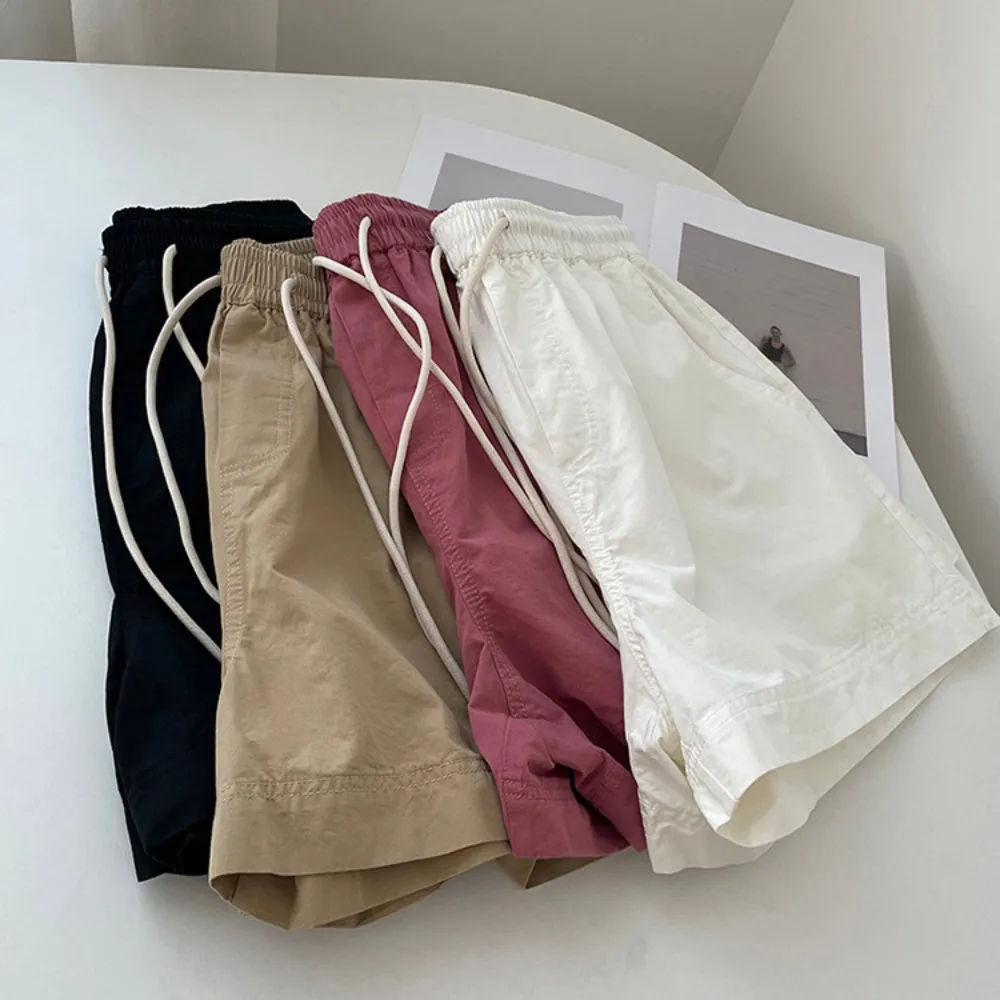 Pantalones cortos sueltos de algodón que combinan con todo, pantalones cortos con cordones y bolsillo, pantalones cortos con cordón de cintura alta, pantalones cortos de pierna ancha de talla grande de Color sólido para mujer - imagen 4