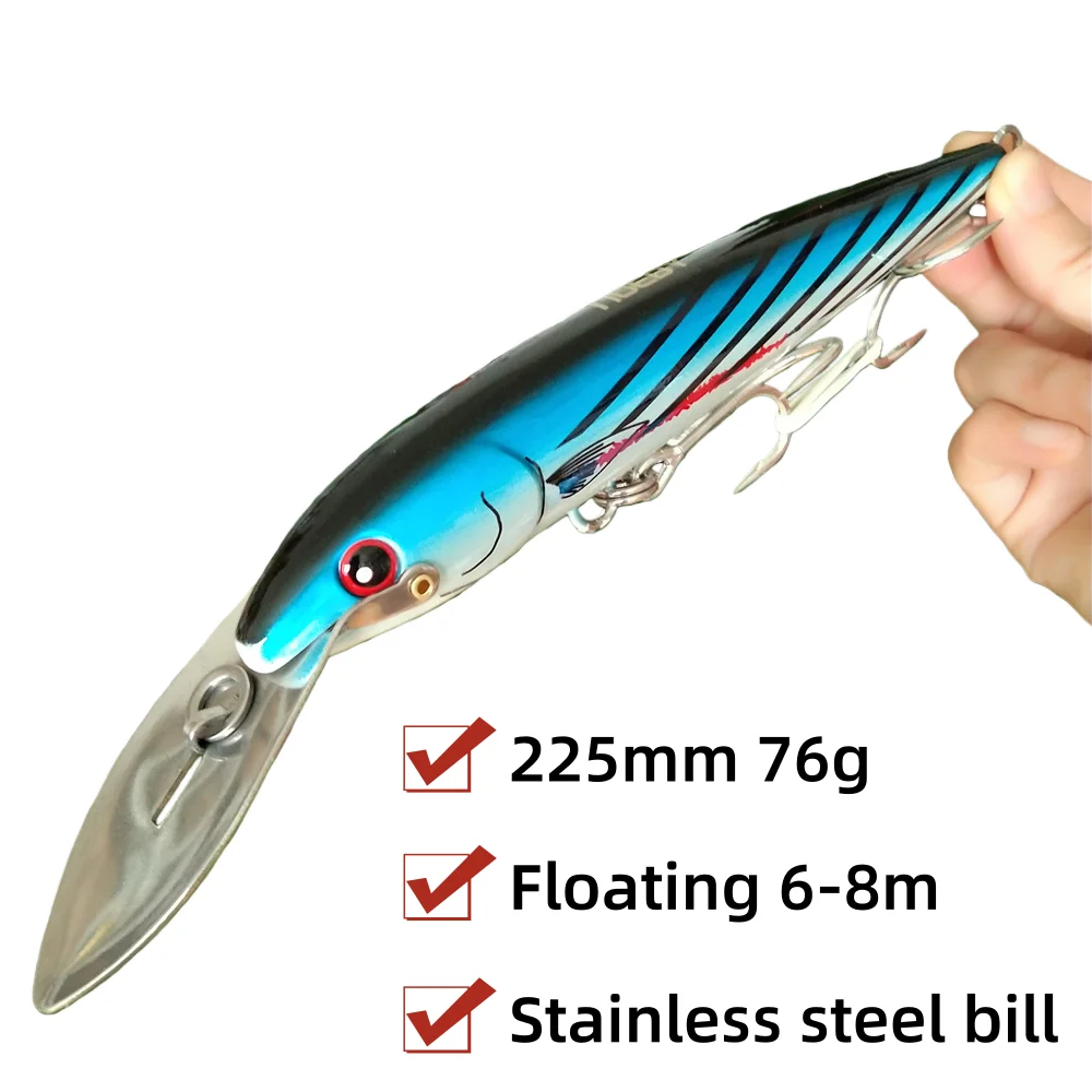 Noeby 1 pieza 225mm 76g señuelo Minnow Wobbler flotante 6-8m cebo duro pico de acero inoxidable cebos de pesca de fundición larga - imagen 2