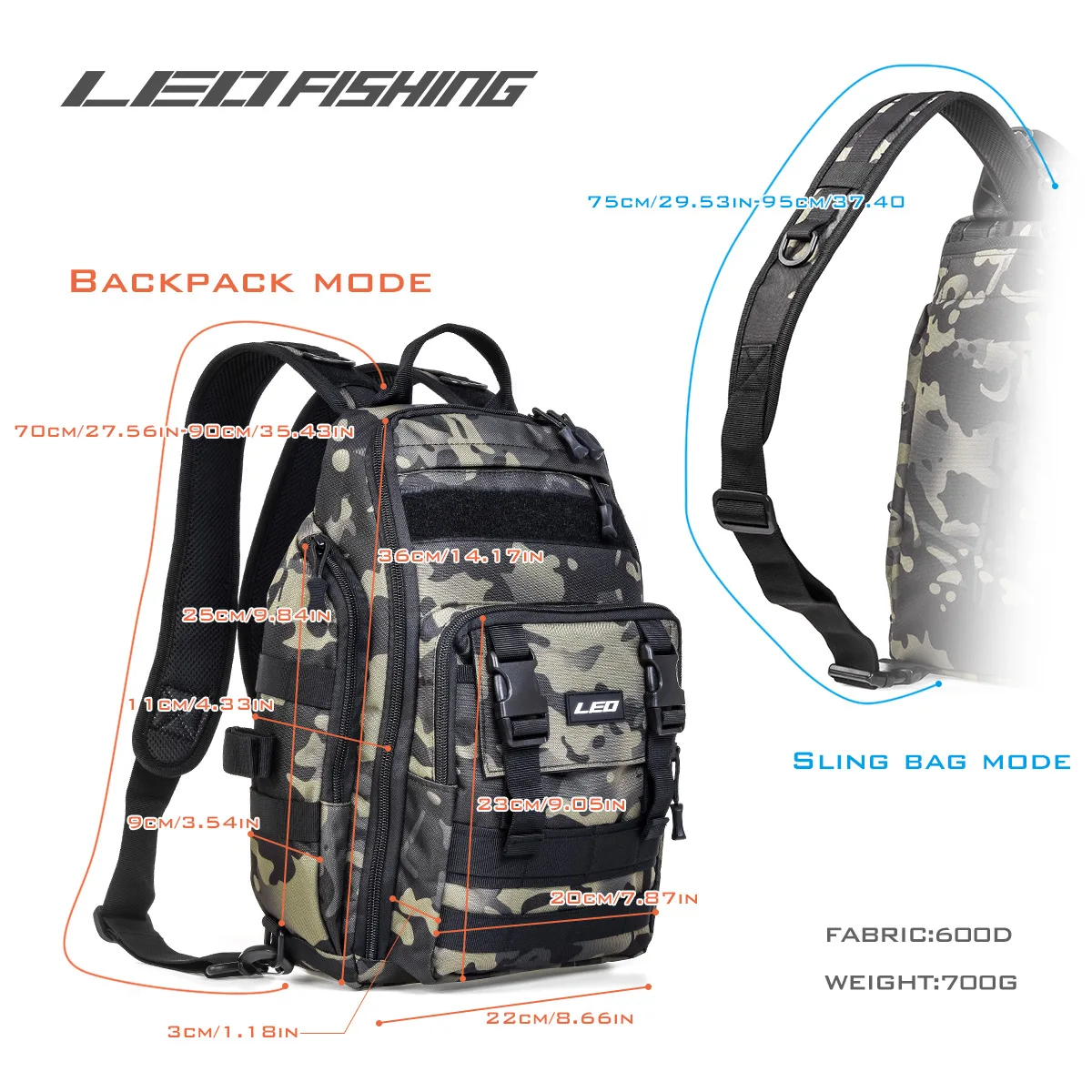 LEO-Bolsa de pesca de gran capacidad para exteriores, bolso de cintura de hombro doble individual, mochila de aparejos de pesca, almacenamiento de viaje - imagen 4
