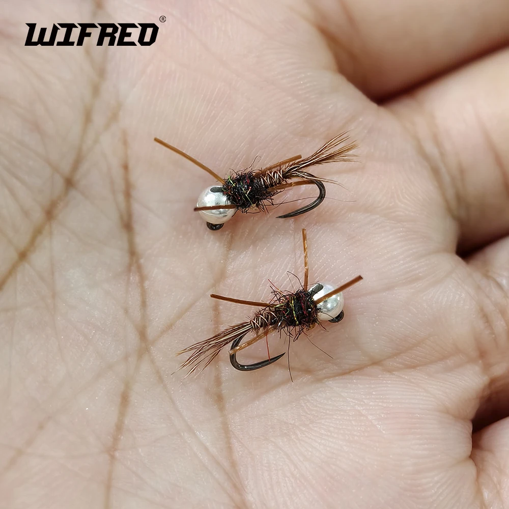 Wifreo 6PCS # 14 # 16 cabeza de cuentas plateadas, plantilla sin púas de hundimiento rápido, mosca de Ninfa, piernas de goma, cola de faisán, señuelo de pesca Artificial