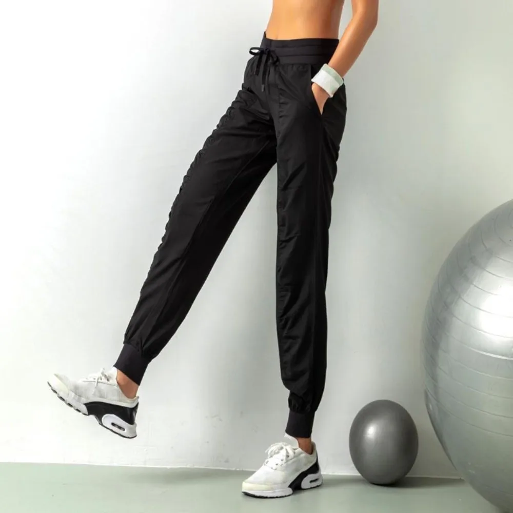 Pantalones para correr arrugados para gimnasio, pantalones de Yoga de cintura alta cónicos, pantalones largos transpirables para Fitness - imagen 4