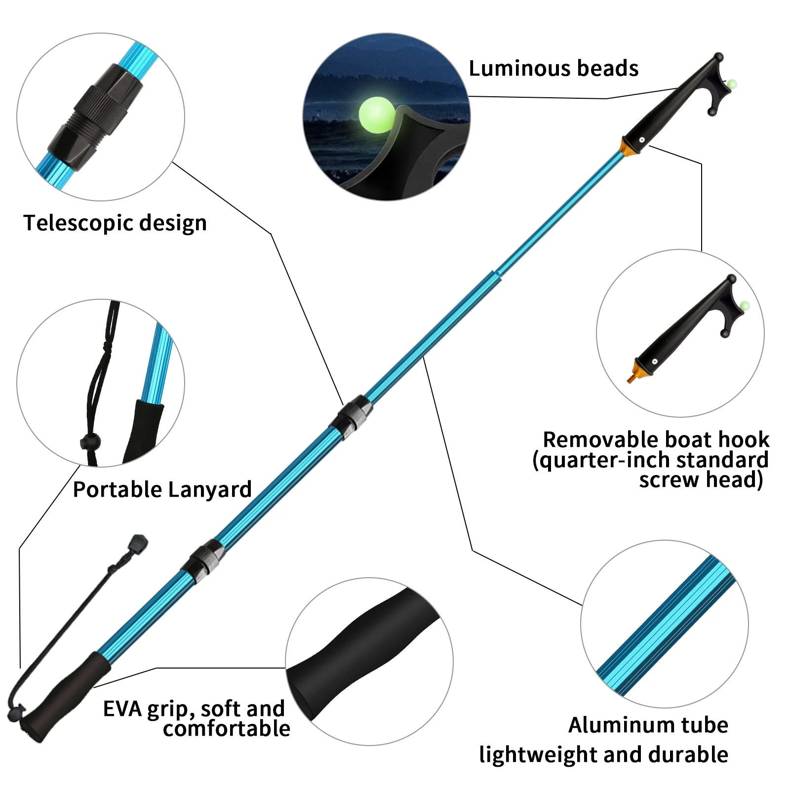 SANLIKE-anzuelo para barco de 2M, longitud retráctil, 78CM, aleación de aluminio, horquilla para barco, poste telescópico, gancho de pesca, accesorios para barcos - imagen 3