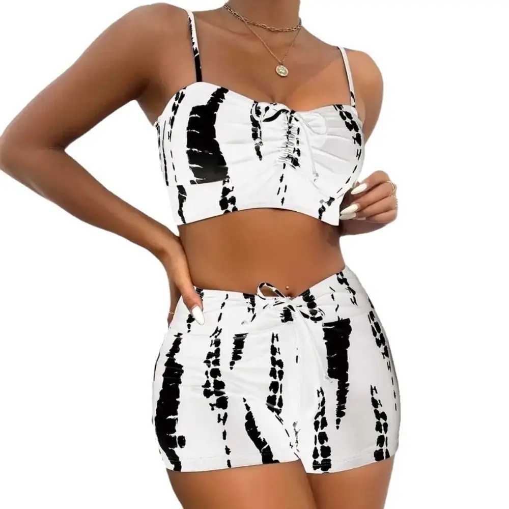 Conjunto de Bikini de cintura alta Tie Dye, pantalones cortos de cintura alta transfronterizos, traje de baño separado, diseño Sexy, traje de baño de moda de ángulo plano para nadar - imagen 5