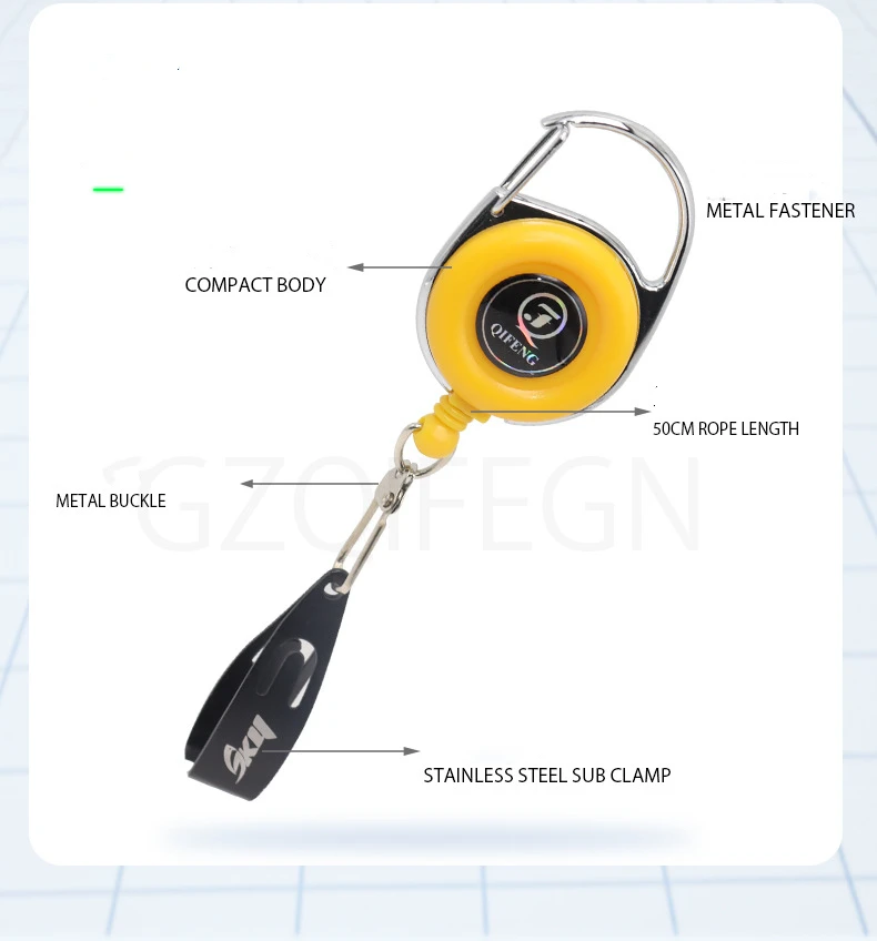 Compacto y duradero Este organizador de cable retráctil presenta un cierre de metal y una robusta cuerda de 50 cm para uso versátil