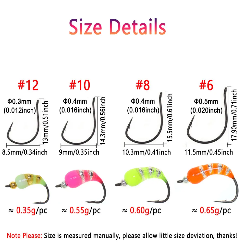 Bimoo 5 piezas 6 piezas # 6 # 8 # 10 # 12 Señuelos de pesca en hielo con cabeza de cuentas de latón de hundimiento rápido, gusano, Scud, Ninfa, mosca Caddis Pupa, mosca húmeda, trucha - imagen 2