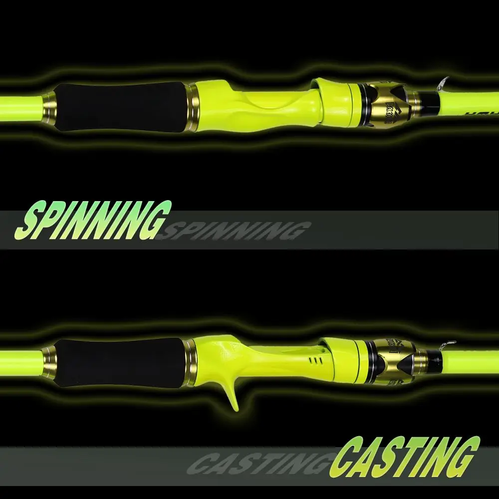 Una caña de pesca amarilla y negra con las palabras girando y fundido