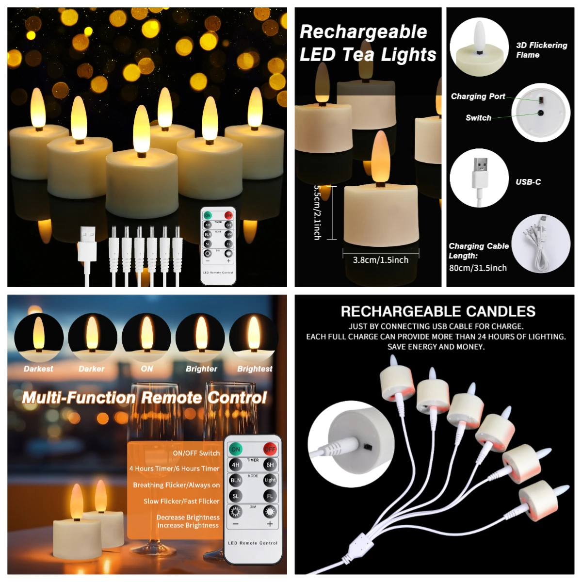 Velas parpadeantes recargables sin llama, luz LED de té, velas navideñas, mecha 3D, lámpara de vela electrónica con pilas, 6 uds. - imagen 3