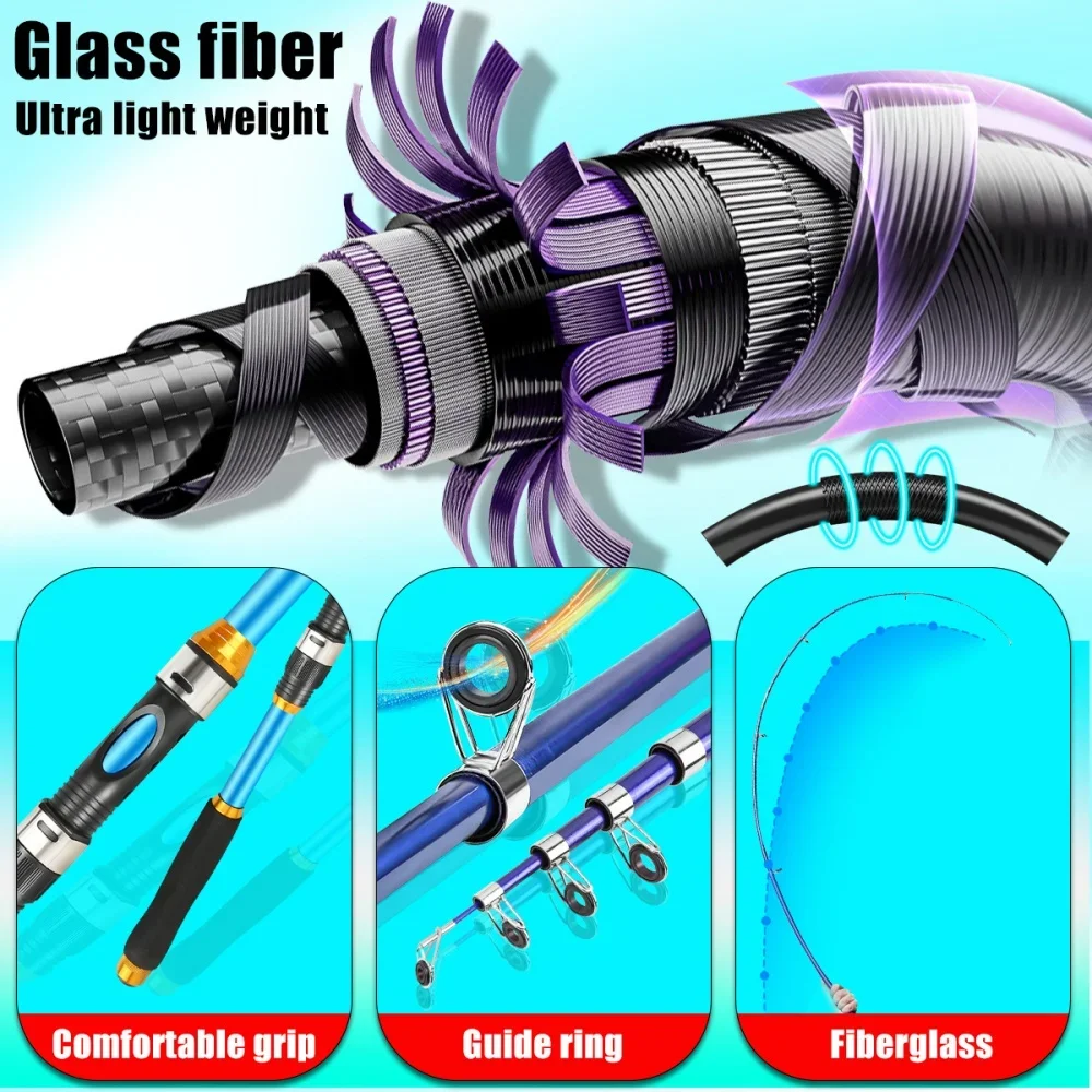 Juego de cañas de pescar telescópicas de fibra de vidrio de 2,1-3,6 M con carrete y accesorios-caña giratoria de viaje compacta para agua dulce y salada - imagen 5