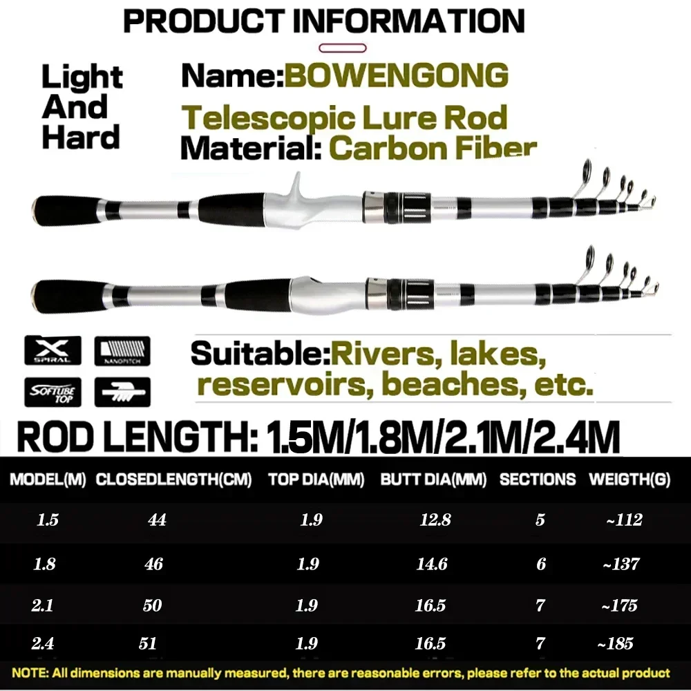 GHOTDA-caña de pescar telescópica corta portátil, carrete de Baitcasting de 1,5-2,4 M y serie 2000/3000/4000, arrastre máximo de 8KG para principiantes - imagen 3