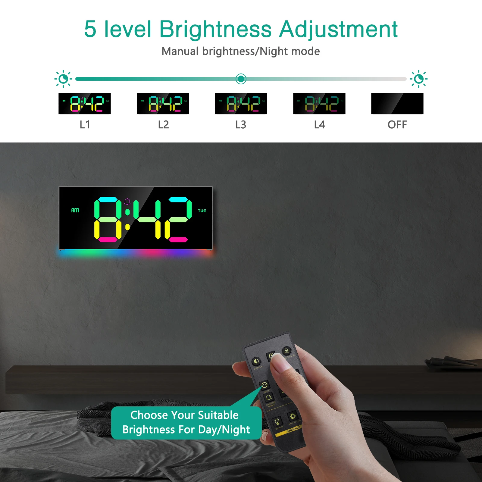 ORIA Reloj de pared digital RGB con gran pantalla y mando a distancia - imagen 5