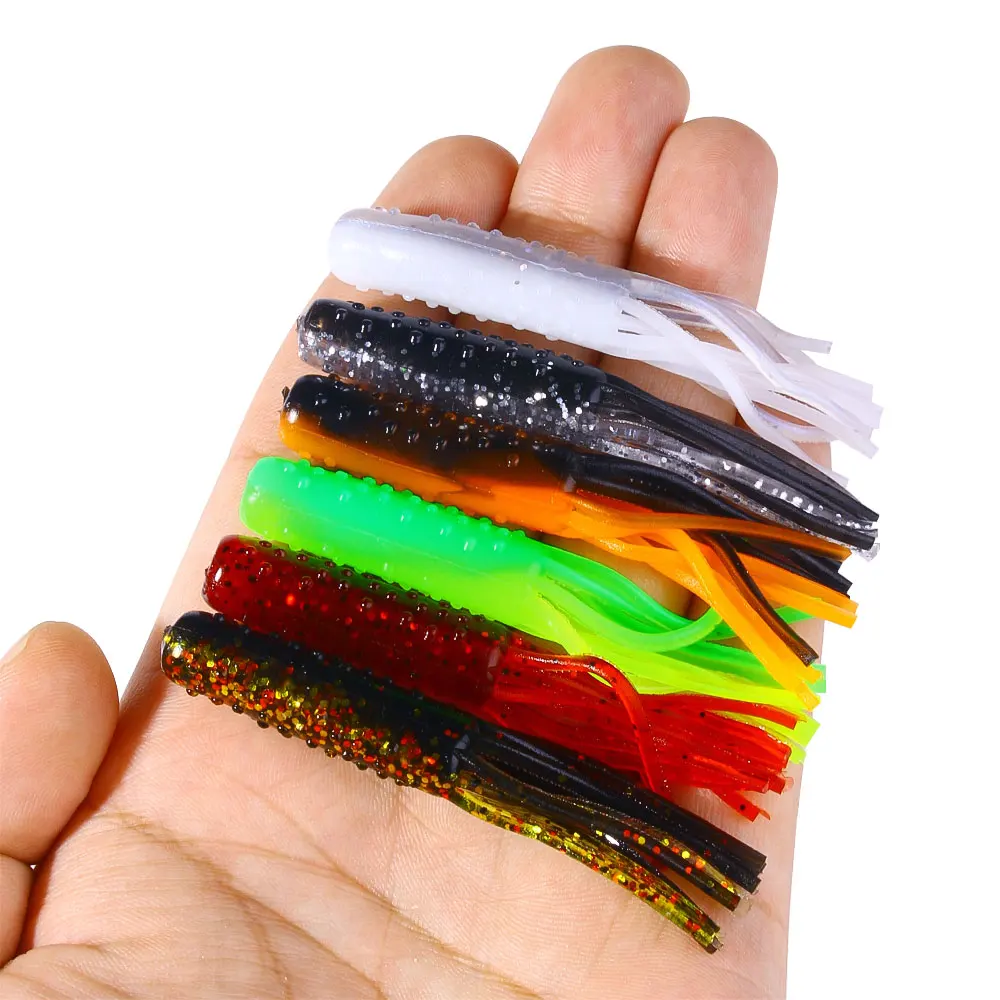 Señuelos de tubo de plástico suave, 10 Uds., 7cm, 3,3g, cebo con falda, brillo multicolor para lubina, Lucio, Pesca de agua dulce y salada