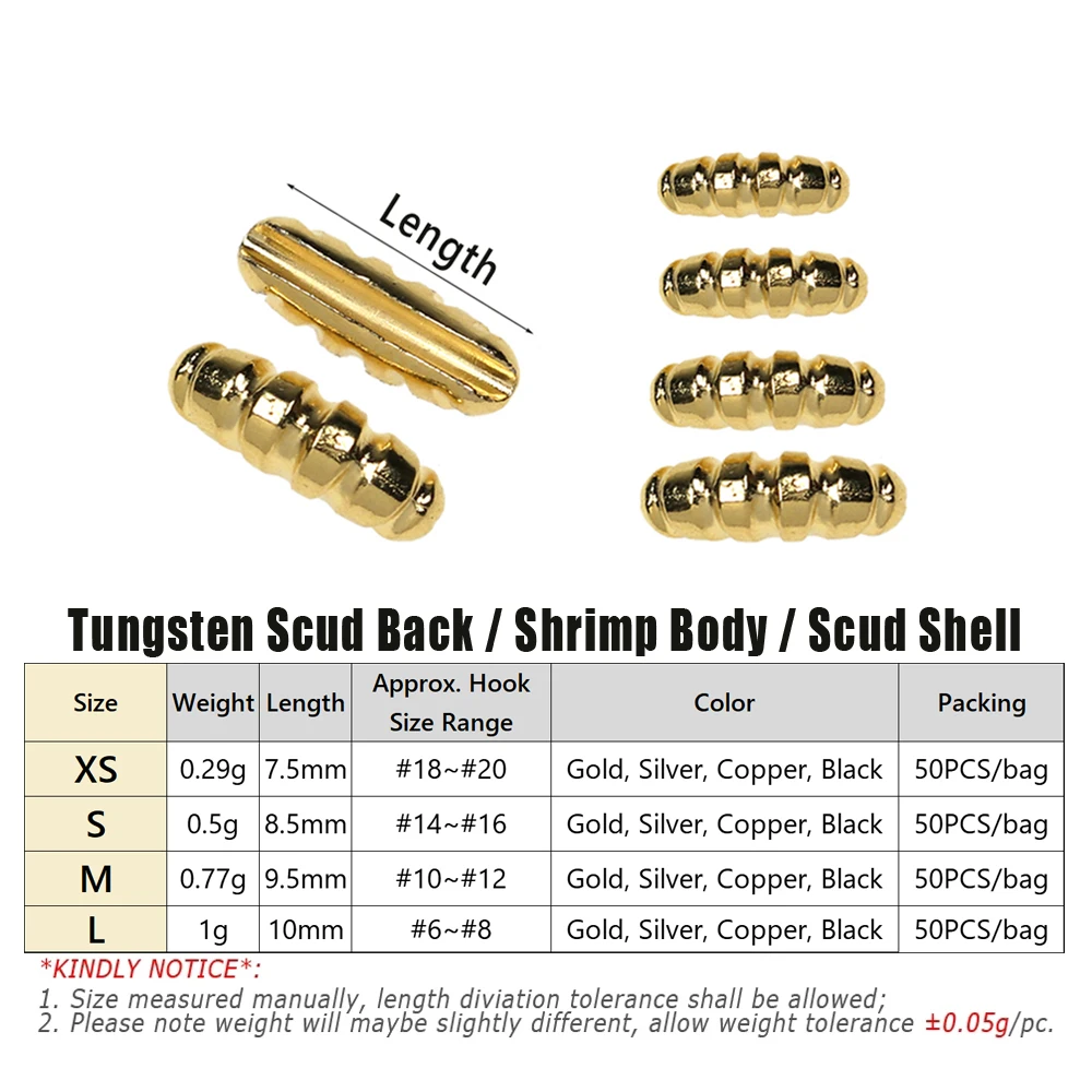 Wifreo 50 unidades de plantillas para el cuerpo de camarones de ninfa de tungsteno, cuentas traseras de concha Scud, materiales para atar moscas, hundimiento rápido, 0,29g, 0,5g, 0,77g - imagen 2