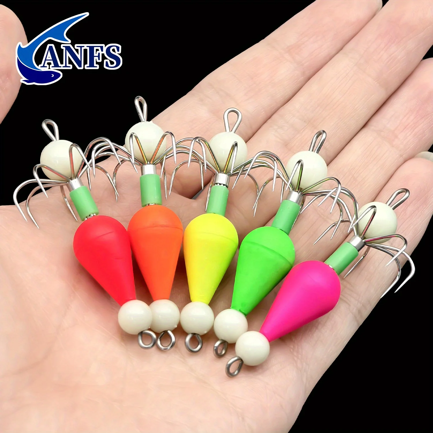 ANFS 5 uds cebo con anzuelo de calamar brillante nocturno con anzuelo afilado de acero inoxidable- Ideal para pesca nocturna, regalo de pesca perfecto para pescador - imagen 5