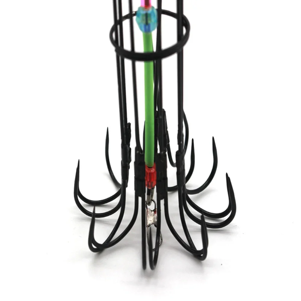 Anzuelo de pulpo atractivo de acero rico en carbono con jaula de cebo de Metal para alimentador de peces, 8 anzuelos de explosión para pesca de carpa - imagen 5