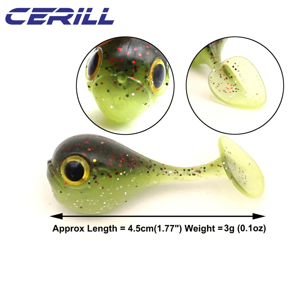 Cerill 5 uds 45mm 3g cabeza grande ojos 3D cola de paleta simulación suave señuelo de pesca doble Color Artificial Jigging silicona Swimbait - imagen 3