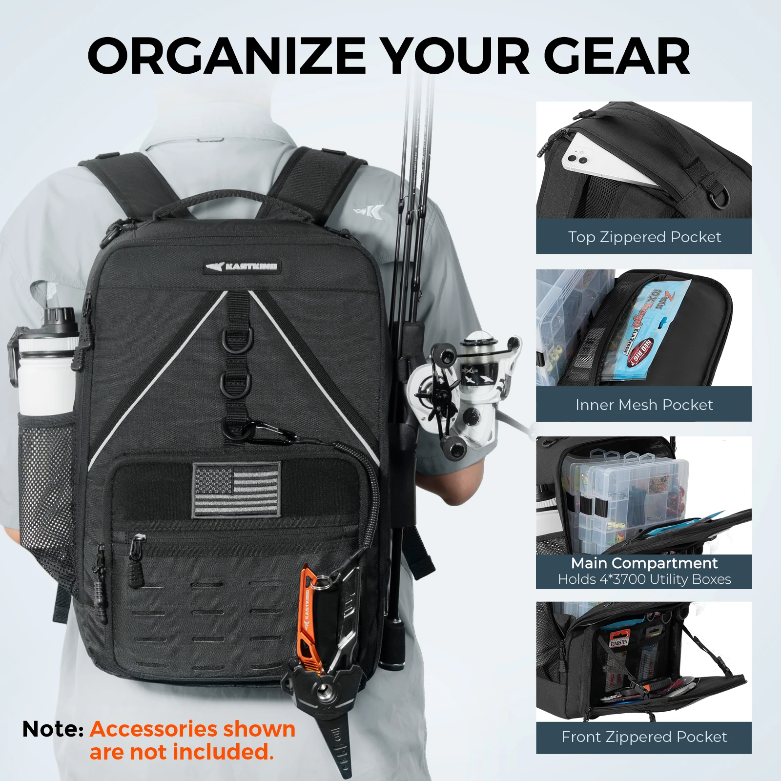 Mochila para aparejos de pesca KastKing KarryAll KastMate, bolsa para aparejos resistente al agua con 2 soportes para caña, equipo y equipo de pesca con - imagen 4