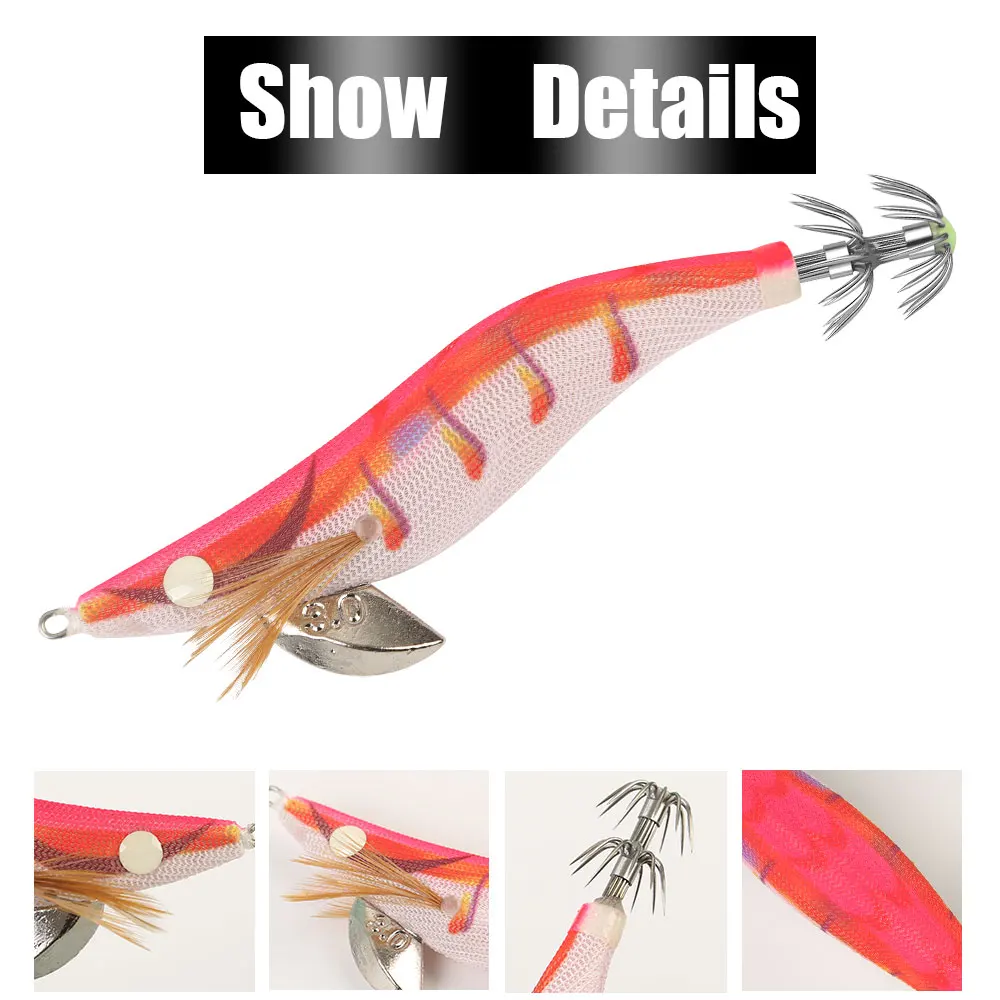 Un señuelo con un cuerpo rosa y naranja y una cola en blanco y negro