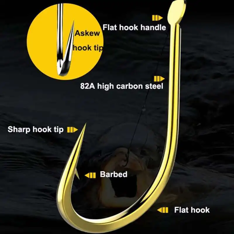50 unids/lote de anzuelos de pesca con púas de alto carbono, accesorios de aparejos de pesca de carpa con boca torcida dorada y negra, anzuelo plano afilado - imagen 5