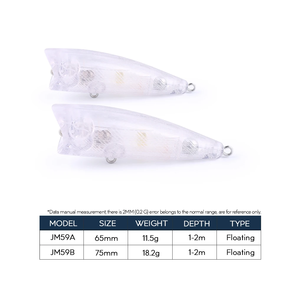 Hanlin-cebos de plástico duro de cuerpo transparente, aparejos de pesca de lubina, Popper grande, Topwater, sin pintar, 65mm/75mm, 11,5g/18,2g, 10/20 piezas - imagen 2