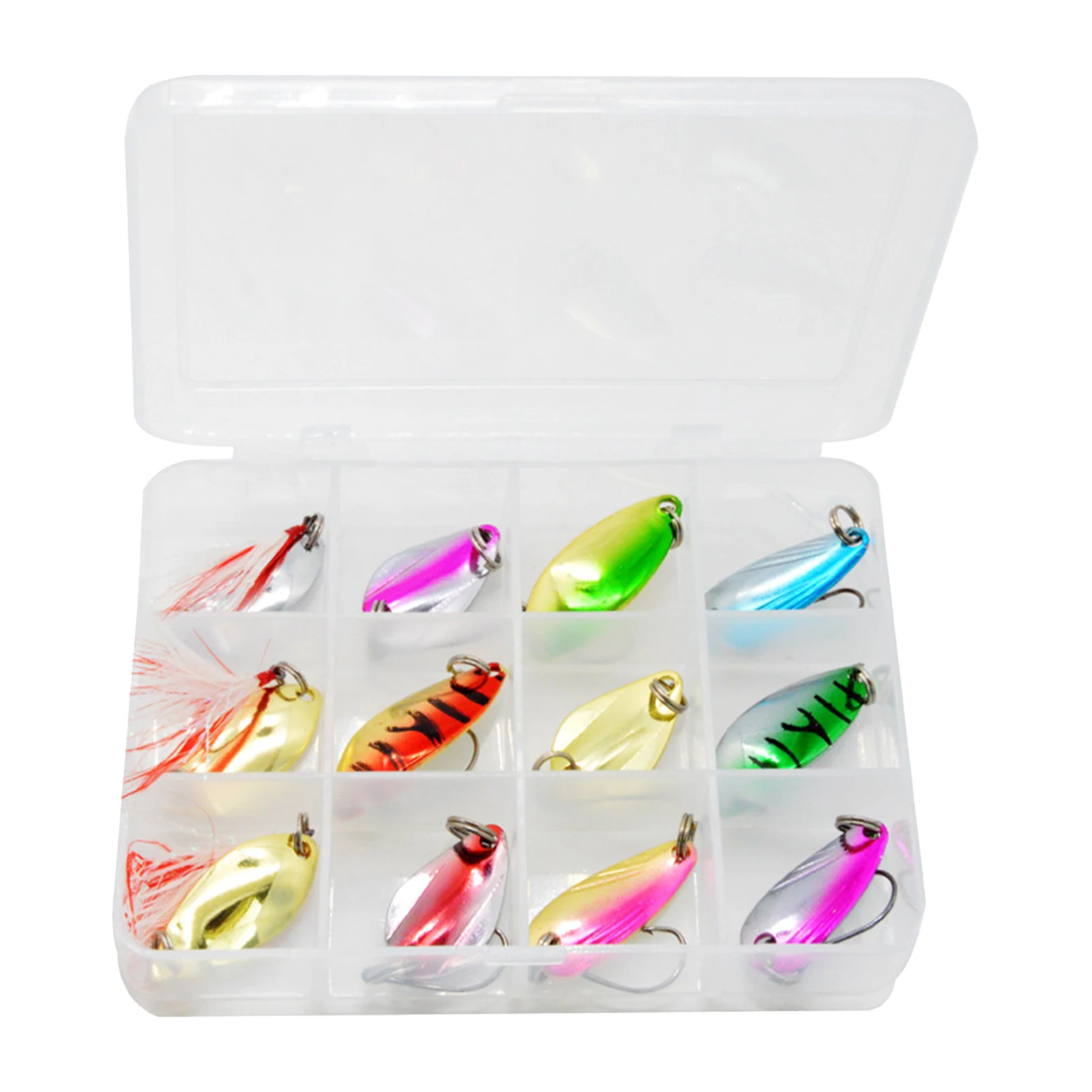 Señuelos de pesca en caja, cebo falso giratorio portátil, pluma Artificial, purpurina, accesorios de pesca en hielo para invierno, 12 Uds. - imagen 5