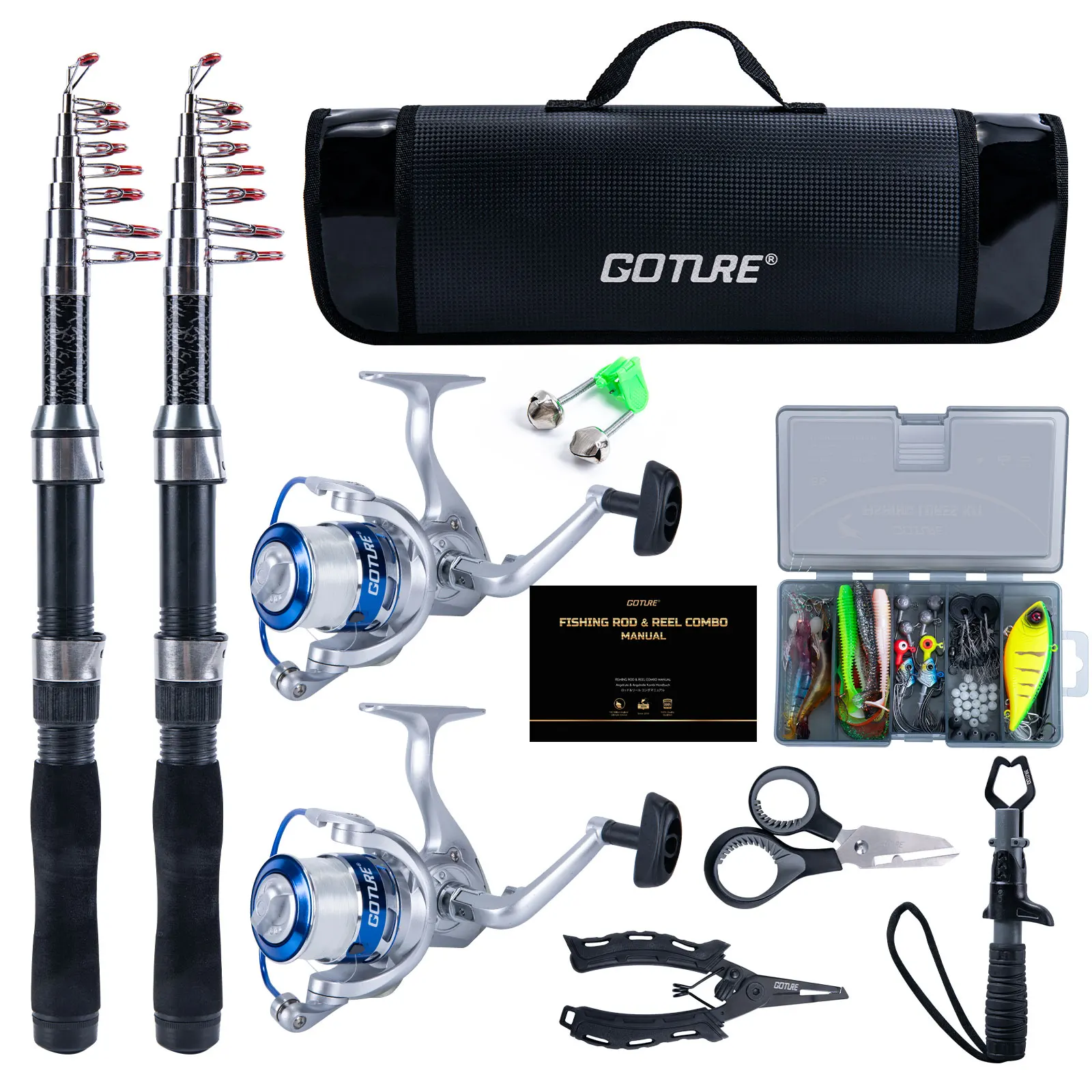 Goture Juego de 2 varillas telescópicas y 2 carretes con aparejos, kit completo de 66 anzuelos, rueda para pesca en agua dulce y salada - imagen 3