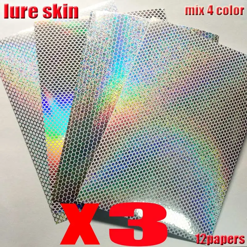 2025 NUEVAS Señuelos de pesca piel de pescado pegatina de señuelo caliente TAMAÑO 10 CM * 15 CM 12 papeles/lote hermosas pegatinas de señuelo
