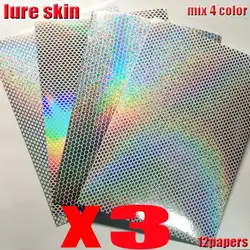 2025 NUEVAS Señuelos de pesca piel de pescado pegatina de señuelo caliente TAMAÑO 10 CM * 15 CM 12 papeles/lote hermosas pegatinas de señuelo