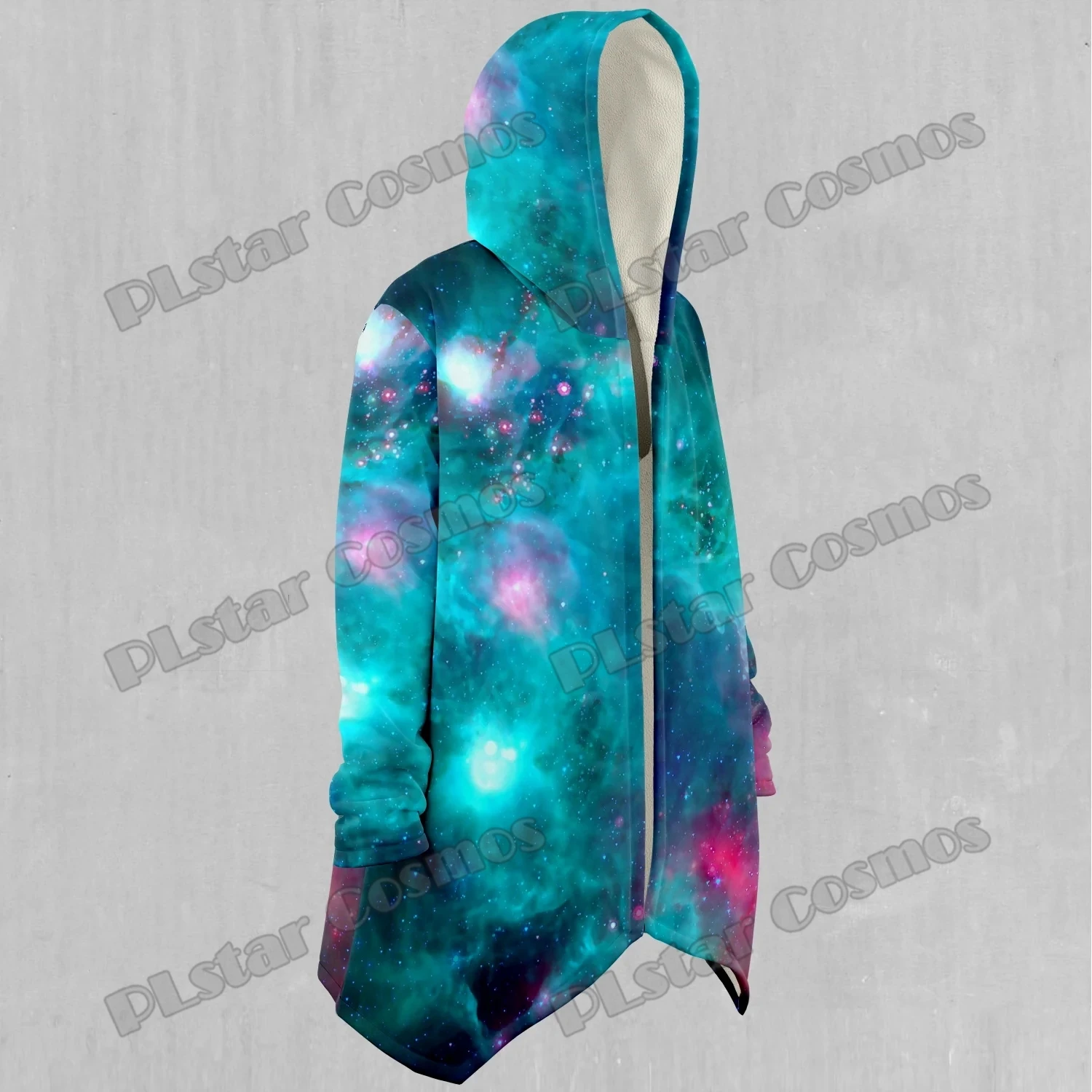 Capa con capucha y forro de Sherpa para hombre con estampado 3D de nebulosa azul de galaxia Aurora, capa gruesa y cálida informal para invierno, BB77 - imagen 4