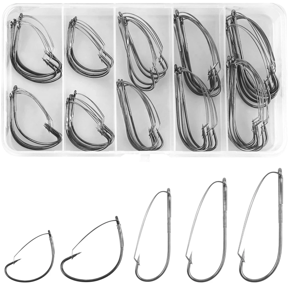 50 Uds. Anzuelos de aparejo loco sin malezas, Kit de anzuelos de pesca de lubina, anzuelos de gusano de espacio ancho de acero rico en carbono para aparejos locos, cebos blandos