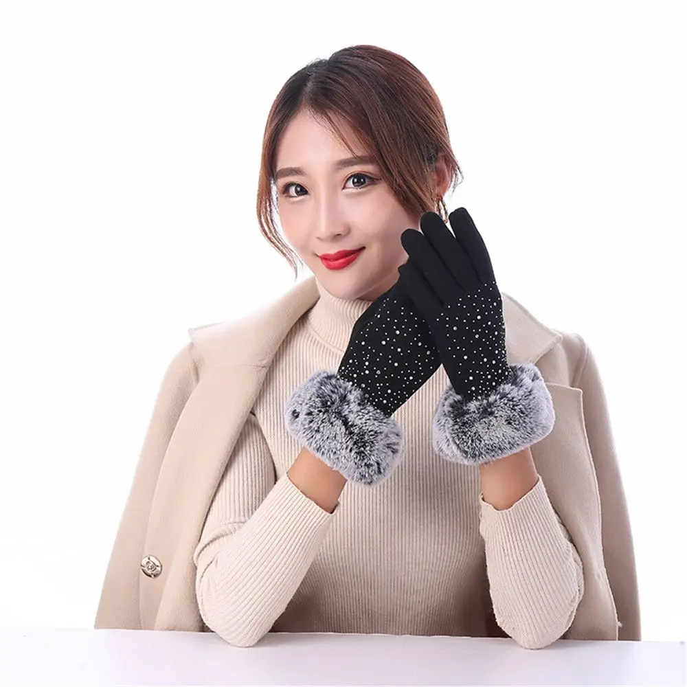 Invierno espesar cálido Rhinestone más terciopelo brillante guantes de piel sintética guantes de cachemira manoplas para pantalla táctil